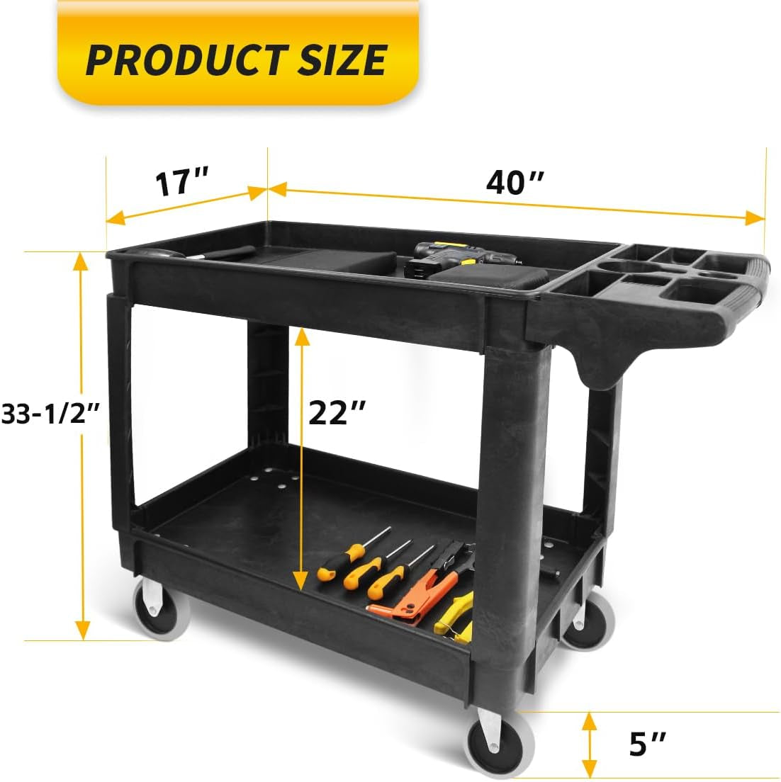 80855 500-Lb Utility Service PP Cart with Two Trays and Wheels 30 Inch X 16 Inch Overall Dimensions