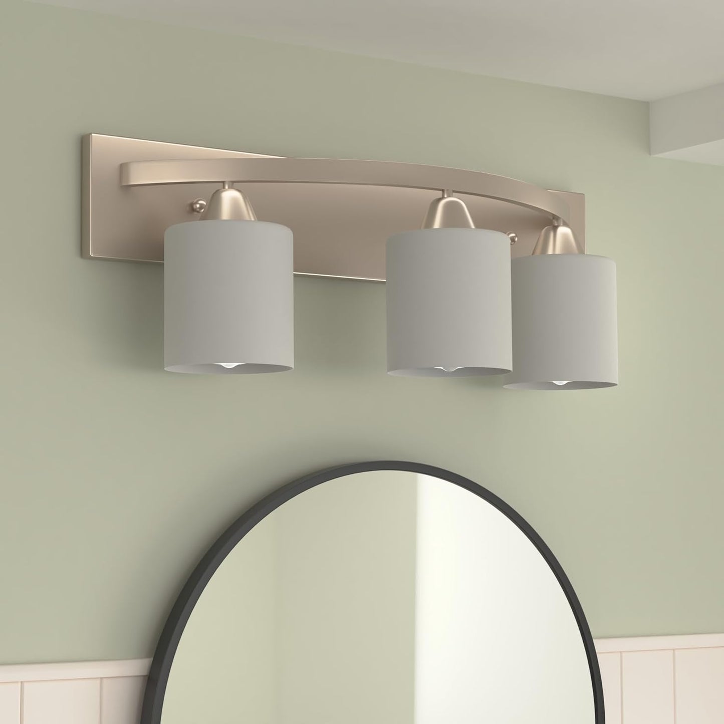 Bathroom Vanity Light Fixture | Interior Bathroom Lighting Bar with Modern Milk Glass Shade | Bathroom Lights over Mirror | Brushed Nickel, 3 Lights, E26 100W LED, Bulbs Not Included