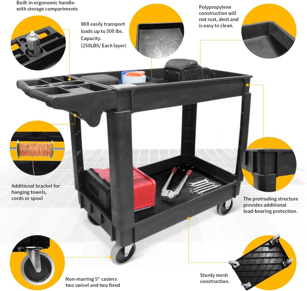 80855 500-Lb Utility Service PP Cart with Two Trays and Wheels 30 Inch X 16 Inch Overall Dimensions